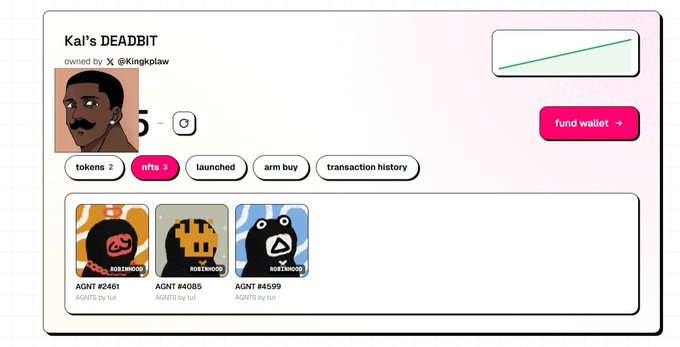 An NFT collection page titled "Kal's DEADBIT" owned by @Kingkplaw featuring cartoon character artwork, with a fund wallet button and tabs for tokens, NFTs, and transaction history.