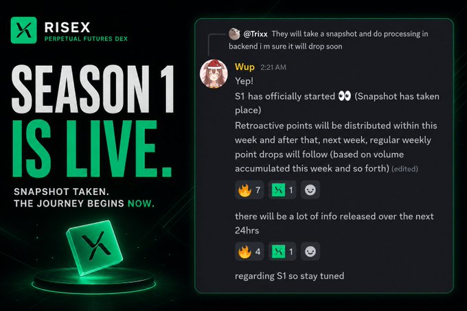 A promotional graphic for RISEX Perpetual Futures DEX Season 1 launch, alongside a Discord chat discussing snapshot processing.