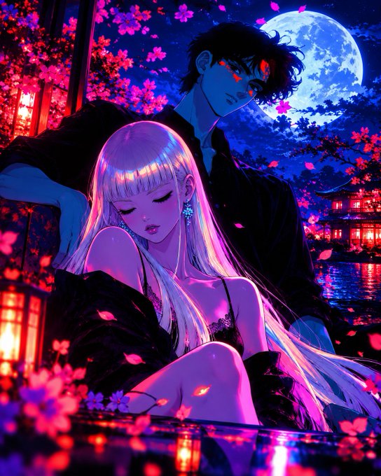 Anime-style artwork featuring a woman with long pink hair and a blue-skinned man with red eyes, surrounded by falling cherry blossoms under a full moon, with a pagoda visible in the background.