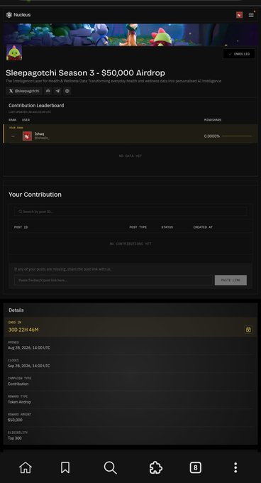A Nucleus app interface showing the 'Sleepagotchi Season 3 - $50,000 Airdrop' page with a contribution leaderboard and event details ending August 30, 2026.