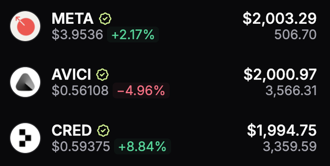 A financial dashboard shows MetaDao holdings of META ($2,003.29, +2.17%), AVICI ($2,000.97, -4.96%), and CRED ($1,994.75, +8.84%), each representing roughly $2,000 investments—illustrating the user's existing diversified MetaDao portfolio and supporting their question about whether to diversify further or double down on META.