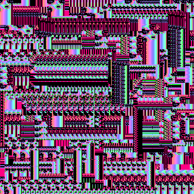 A chaotic, high-contrast digital pattern featuring blocks of magenta, black, green, and blue with horizontal striping and geometric shapes.