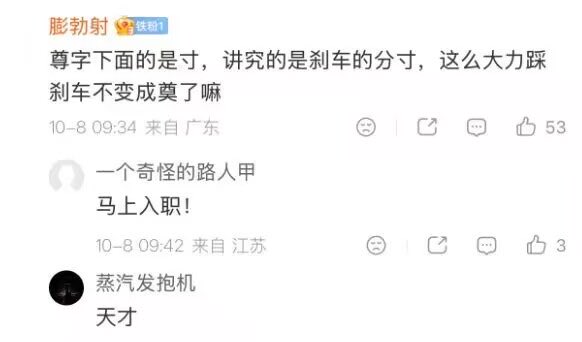 A screenshot of Chinese social media comments criticizing Dongchedi’s brake testing on three Zunjie vehicles, with the post noting a nearly 1 million yuan price for the Zunjie V800 EV. Comments include “一 个奇怪的路人甲: 马上入职!” and “蒸汽发电机: 天才,” alongside 53 likes on the main post.