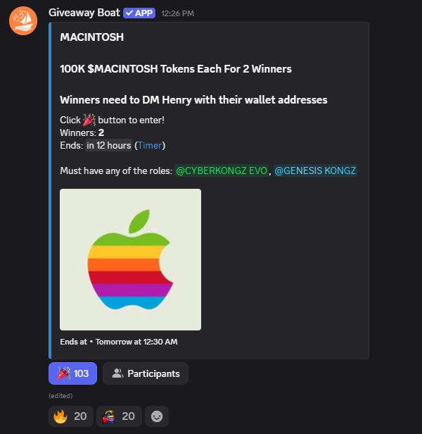 A Discord message from 'Giveaway Boat' announcing a MACINTOSH token giveaway, featuring the classic rainbow Apple logo and entry requirements.
