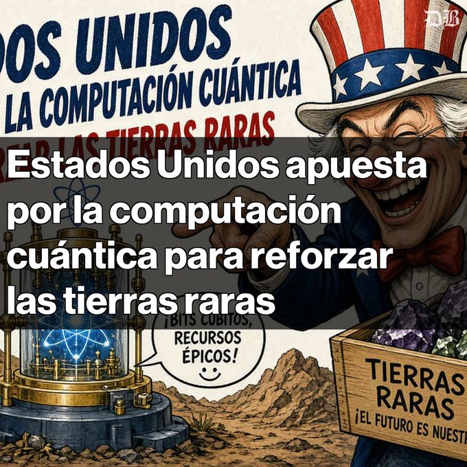 An AI-generated cartoon illustration featuring Uncle Sam pointing excitedly at a quantum computer and a crate labeled 'TIERRAS RARAS' (Rare Earths); overlaid Spanish text reads 'Estados Unidos apuesta por la computación cuántica para reforzar las tierras raras' (United States bets on quantum computing to reinforce rare earths).