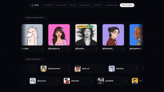 A dark-themed digital dashboard interface displaying a "TRIAD" navigation menu and a "TRIAD VANGUARD" roster featuring various user profile cards with usernames and avatar images.