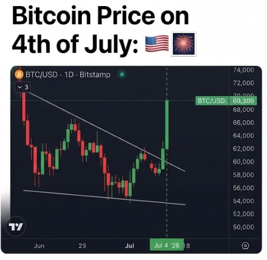 The image shows a Bitcoin (BTC/USD) daily candlestick chart on Bitstamp, displaying the price on July 4th at $69,305 after breaking out of a descending wedge pattern in early July 2026. This appears to be a snapshot of the 2026 entry referenced in the post, continuing Bitcoin's historical July price progression.