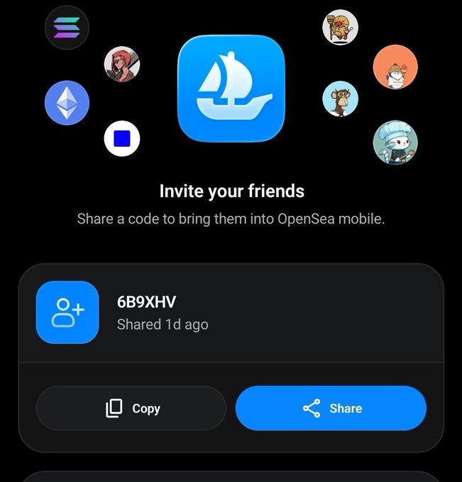 OpenSea mobile app screen displaying an 'Invite your friends' referral feature with the code '6B9XHV' that was shared 1 day ago, along with Copy and Share buttons.