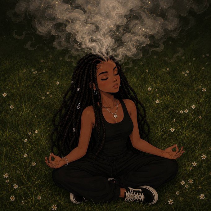 A digital illustration of a young woman with long locs sitting in a lotus pose in a flower-filled field, meditating with eyes closed as smoke rises from her hair.