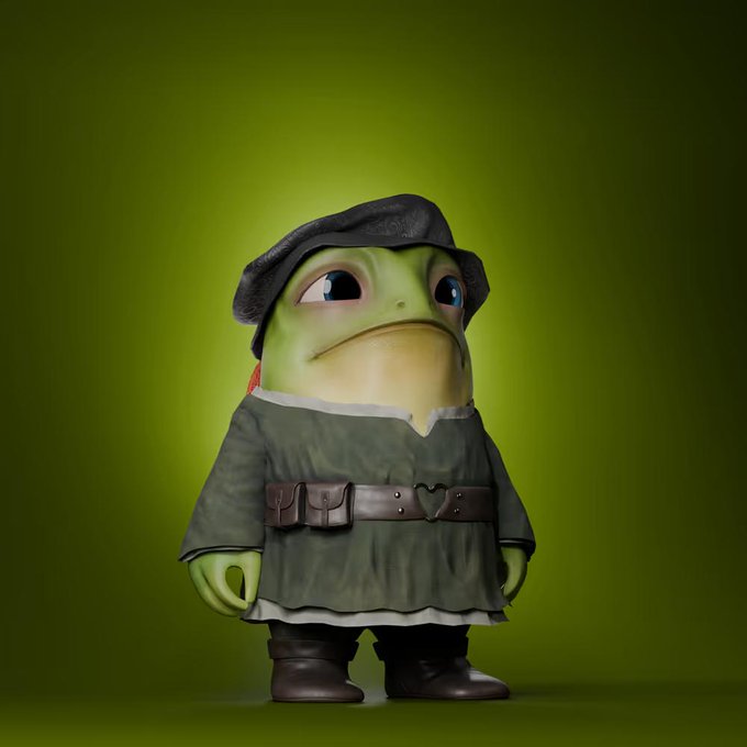 A 3D-rendered green frog character dressed as a medieval pilgrim with a black hat, green tunic, and brown belt stands against a green gradient background, appearing to be the Gimboz prize NFT awarded to the tournament winner.