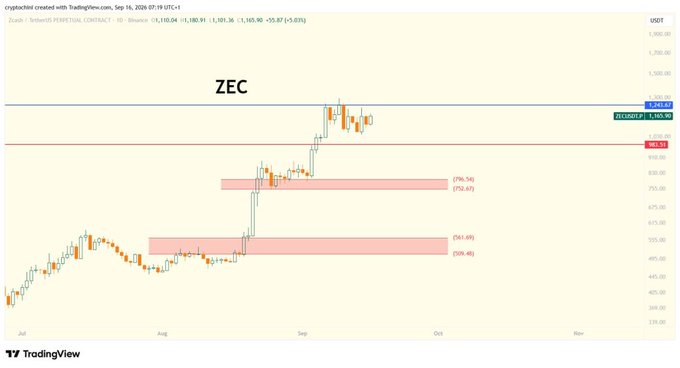 TradingView chart of ZEC (Zcash/USDT Perpetual Contract) on Binance showing price action from July through November with key levels marked around $794, $752, $761, and $700-$705, with ZECUSDT trading near $1,165.