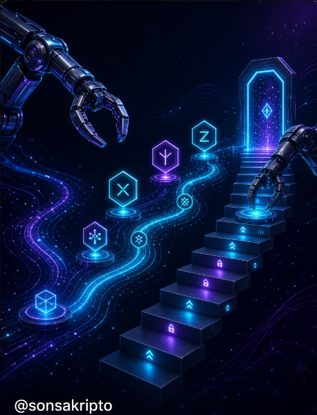 A futuristic digital illustration (watermarked @sonsakripto) depicting robotic hands reaching toward a glowing portal with hexagonal crypto token symbols ascending illuminated steps.