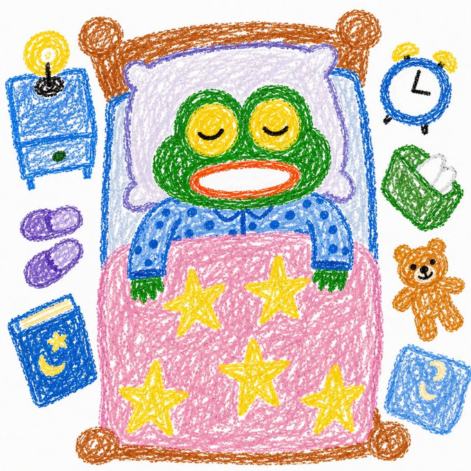A child-like crayon drawing of Pepe the Frog sleeping in a bed with a star-patterned blanket, surrounded by a nightstand with lamp, clock, slippers, teddy bear, and books.
