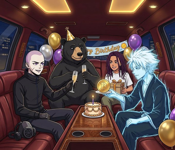 An animated birthday scene inside a luxury car featuring characters including a bald man in black, a bear in a party hat, a person with dreadlocks, and a white-haired figure holding a "15 BIRTHDAY" coin near a "Happy Birthday" banner.