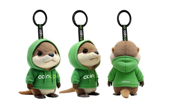 Three views of a coinup (CoinUp) branded plush otter keychain wearing a green hoodie, shown from front, three-quarter, and back angles.