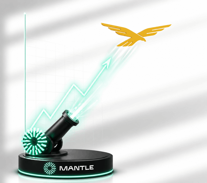 The image features a black cannon with a green light at its base, which appears to be emitting a bright green glow. The cannon is positioned on top of a platform that displays the text "MANTLE" along with the number "45M". In the background, there's a white wall and a yellow bird logo. The image also includes a caption that reads: "Let' s continue with  $USD1 collateral on @Bybit_Official And ofc, the number never lies: ▸ 45M  WLFI incentives ▸  1M  WLFI trading competition through @byreal_io That's exactly how stablecoins start becoming financial infrastructure instead of just sitting in wallets. Btw, I".