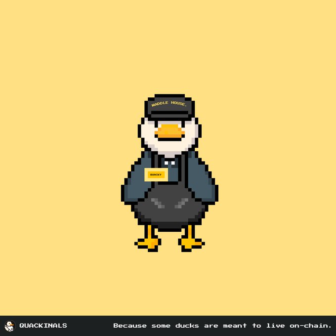 A pixel art duck NFT character wearing a "Waddle House" cap and a "Quacky" name tag, with text at the bottom reading "QUACKINALS" and "Because some ducks are meant to live on-chain," celebrating the minting of a new Quackinal from the on-chain pond collection.
