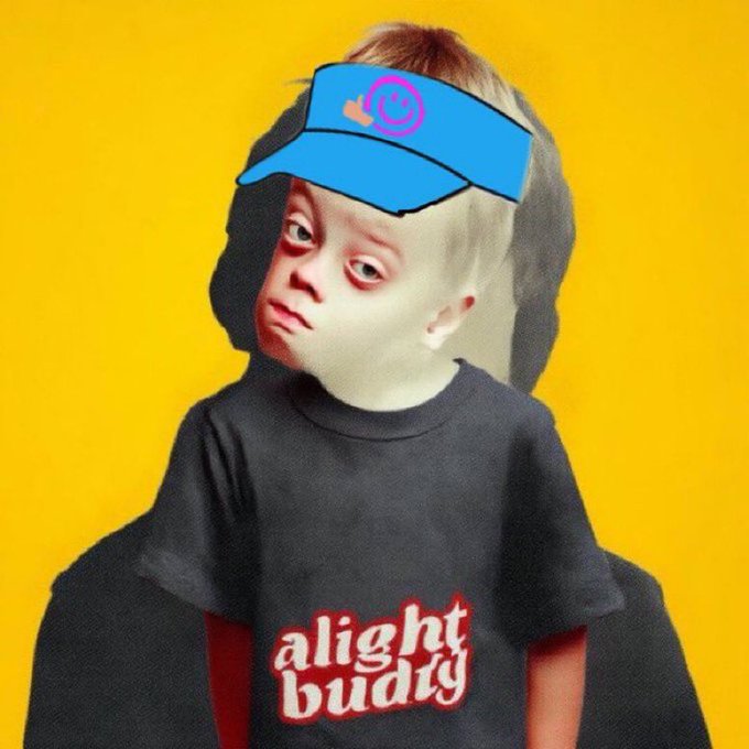 An edited meme image of a child wearing a blue visor cap and a black t-shirt with "alight buddy" text on a yellow background.