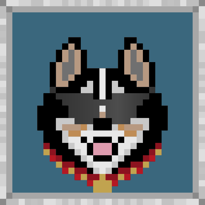 A pixel art illustration of a black and white cat face with closed eyes, pink nose, and a red and yellow scarf, set against a teal background.