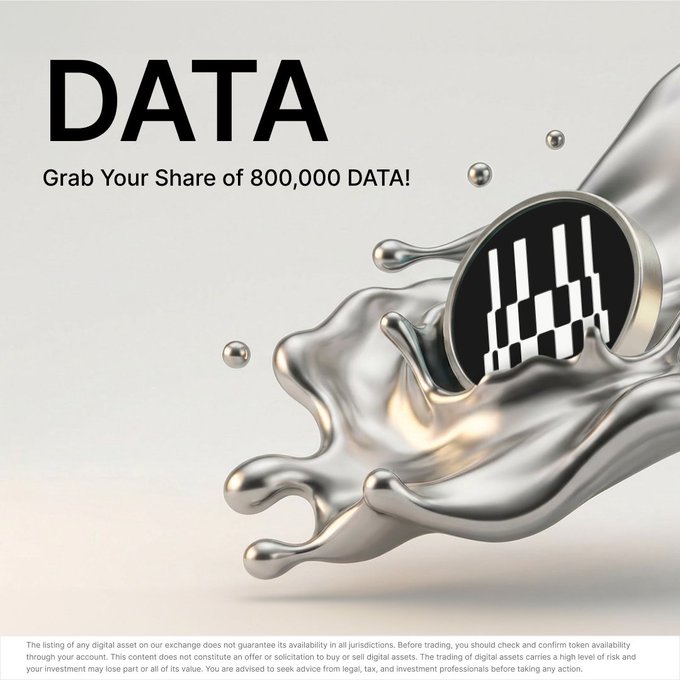 The image is a promotional graphic for the DATA token, featuring the text "DATA - Grab Your Share of 800,000 DATA!" alongside a silver coin with a bar chart logo splashing through liquid metal. This visual supports the accompanying post's campaign message about trading DATA/USDT on Bybit to earn rewards and multipliers.