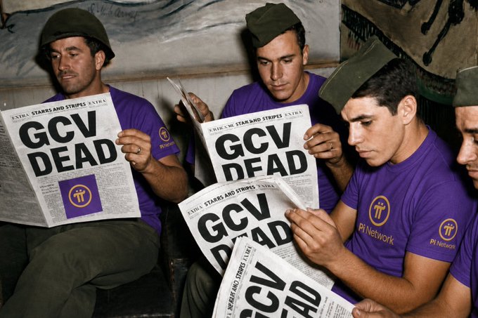 Four men in purple Pi Network t-shirts and green military caps read newspapers with the bold headline "GCV DEAD," symbolizing the collapse of the Global Consensus Value myth as Pi Network launches its PIDEX exchange to reveal true market pricing.