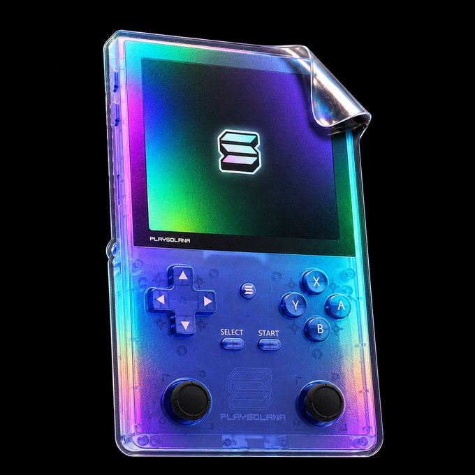 A translucent iridescent Playsolana handheld gaming console with an orange-pink-purple gradient finish is displayed against a black background, featuring a directional pad, A/B/X/Y buttons, two analog sticks, and a screen displaying the Playsolana "S" logo with a protective film partially peeled off the corner.