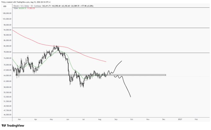 A TradingView candlestick chart of Bitcoin (BTC/USD) from August 2024, showing price action around $63,389-$65,596 with a red resistance line near $73,925 and drawn forecast lines projecting both bullish and bearish scenarios into late 2024—visually illustrating the post's sentiment of a miserable, "rinsing" market similar to August 2023.