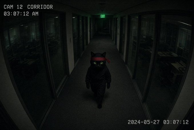 A dark, eerie surveillance camera image showing a figure in a black cat costume walking down a corridor, timestamped 'CAM 12 CORRIDOR 03:07:12 AM' on 2024-05-27.