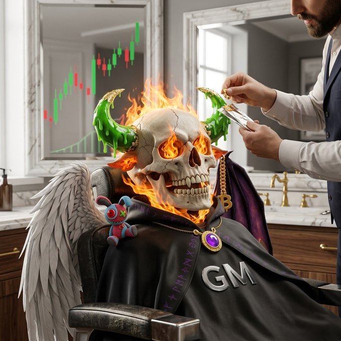 A surreal digital artwork showing a flaming skull with green horns, angel wings, and a 'GM' cape, receiving a haircut from a barber in a luxurious bathroom with a candlestick chart visible in the mirror.