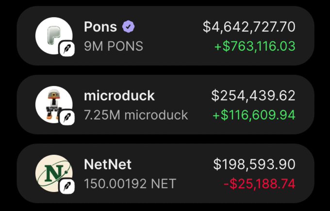 A portfolio screenshot displays three cryptocurrency holdings: 9M $PONS valued at $4,642,727.70 (+$763,116.03), 7.25M microduck at $254,439.62 (+$116,609.94), and 150.00192 $NET at $198,593.90 (-$25,188.74). The image illustrates the poster's triumphant point about their $PONS holdings being worth over $4.6 million, showcasing massive gains to spite those who advised them to sell.