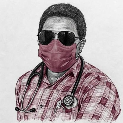 A sketch-style illustration of a person wearing sunglasses, a pink face mask, and a stethoscope over a plaid shirt.
