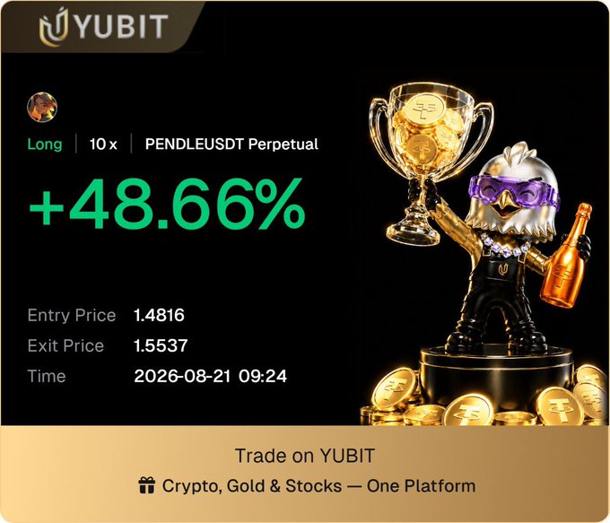 A YUBIT trading platform screenshot showing a +48.66% profit on a Long 10x PENDLEUSDT Perpetual trade, with entry price 1.4816, exit price 1.5537, dated 2026-08-21 09:24.