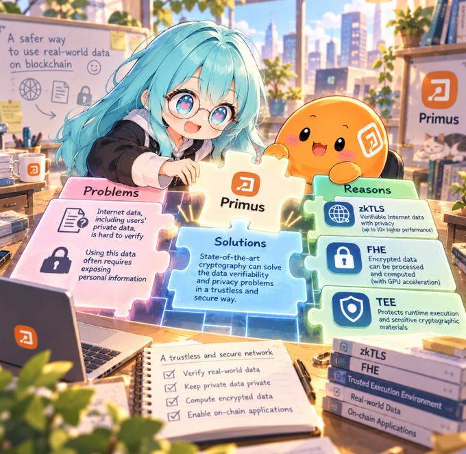 An anime-style infographic about 'Primus' cryptocurrency, featuring a teal-haired character and an orange mascot presenting a puzzle piece diagram outlining Problems, Solutions, and Reasons (zkTLS, FHE, TEE) for 'A trustless and secure network' using real-world data on blockchain.