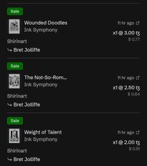 A screenshot of a music app showing three recently sold songs by 'Bret Joiffie' on Ink Symphony: 'Wounded Doodles' for x18 3.00, 'The Not-So-Rom...' for x18 2.50, and 'Weight of Talent' for x18 2.00.