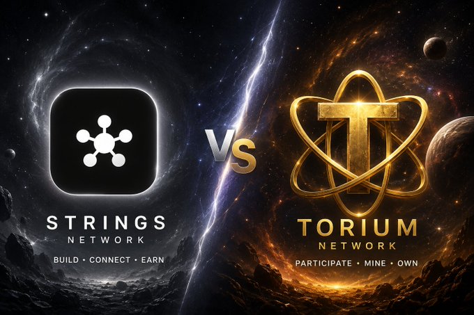 A promotional graphic depicting a cosmic battle between crypto projects, featuring the "STRINGS NETWORK" logo (a white node symbol on black) on the left against a cool blue nebula background with the tagline "BUILD • CONNECT • EARN," versus the "TORIUM NETWORK" logo (a golden atom-like emblem) on the right set against a fiery orange celestial scene with the tagline "PARTICIPATE • MINE • OWN," separated by a glowing "Vs." that visually reinforces the post's comparison of these two competing blockchain projects.