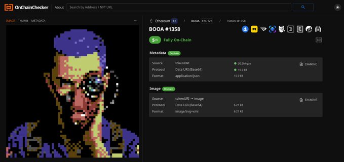 An OnChainChecker webpage displaying 'BOOA #1358', an Ethereum token, with a pixel art portrait of a person with purple hair and sunglasses on the left side.