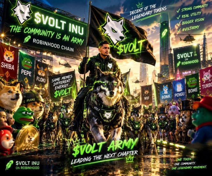A promotional graphic for '$VOLT INU' cryptocurrency, featuring a wolf riding a wolf, banners, and text like 'THE COMMUNITY IS AN ARMY' and '#VOLTARMY'.