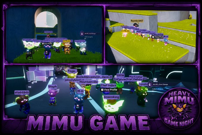 A collage promoting 'MIMU GAME NIGHT' featuring screenshots of players in colorful 3D game environments with usernames visible.