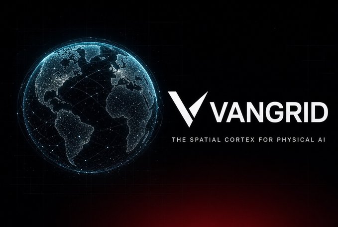 A promotional graphic for "VANGRID - THE SPATIAL CORTEX FOR PHYSICAL AI" featuring a digital wireframe globe against a dark background.