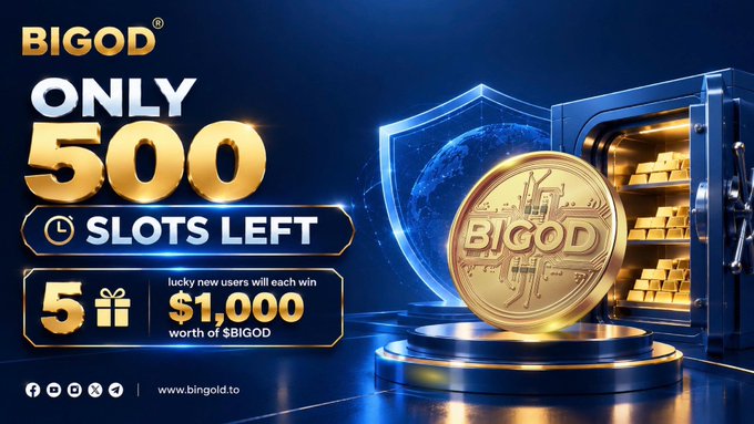 A promotional banner for 'BIGOD' cryptocurrency displaying 'ONLY 500 SLOTS LEFT', '5 lucky new users will each win $1,000 worth of $BIGOD', with imagery of a vault, gold bars, a shield, and a gold coin featuring the BIGOD logo.