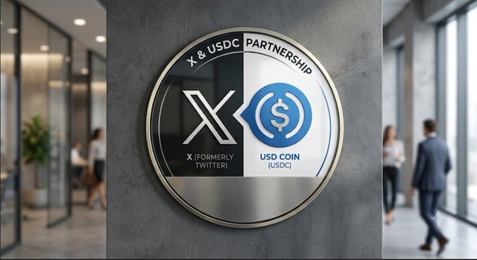 A circular logo on a stone wall celebrating the "X & USDC PARTNERSHIP," featuring the X logo (formerly Twitter) alongside the USD Coin emblem.