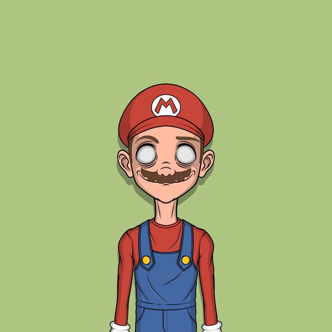 A cartoon illustration of a character resembling Mario with a red cap bearing an 'M' logo, blue overalls, and large white eyes, set against a green background.