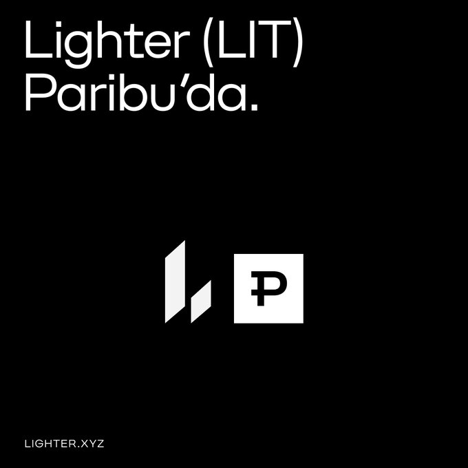 The image is a minimalist black promotional graphic featuring white text reading "Lighter (LIT) Paribu'da." alongside the LIT and Paribu logos, announcing the listing of the LIT/TL trading pair on the Paribu exchange, with "LIGHTER.XYZ" displayed in the bottom corner.