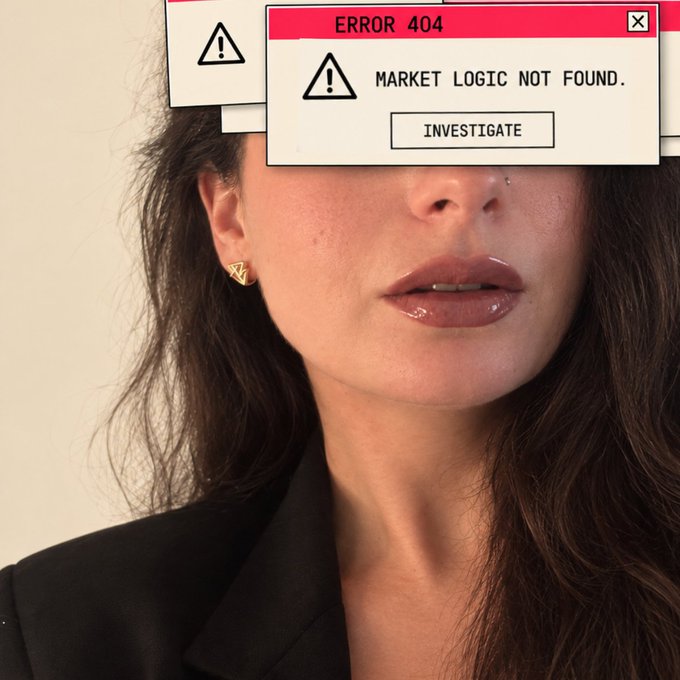A woman with brown hair and a black blazer has her eyes covered by retro-style computer error pop-ups displaying 'ERROR 404', 'MARKET LOGIC NOT FOUND.', and an 'INVESTIGATE' button.