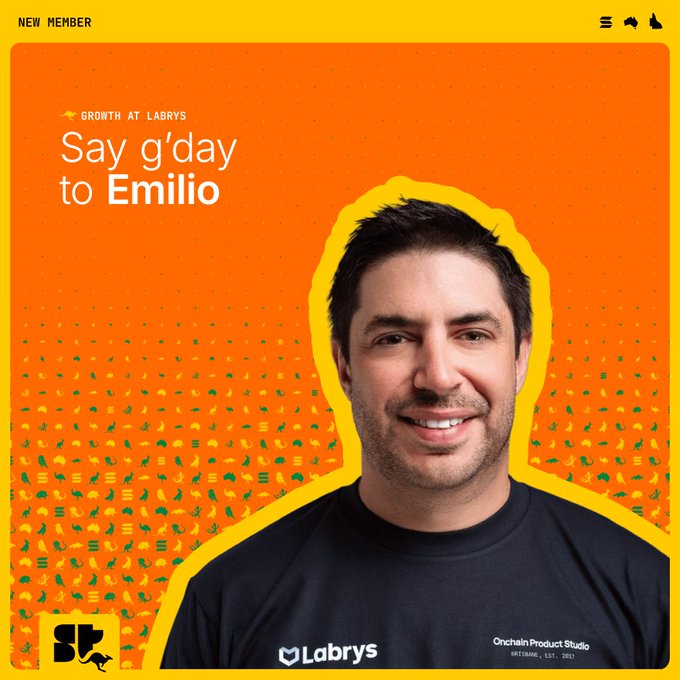 A bright orange and yellow graphic welcoming "Emilio" as a "NEW MEMBER" to "Labrys," featuring a man in a navy shirt labeled "Onchain Product Studio" with "GROWTH AT LABRYS" text at the top.