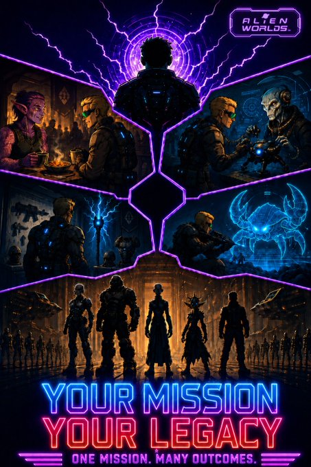 A promotional poster for 'Alien Worlds' featuring characters in various sci-fi scenarios around a central silhouette, with neon text reading 'YOUR MISSION, YOUR LEGACY' and 'ONE MISSION. MANY OUTCOMES.'
