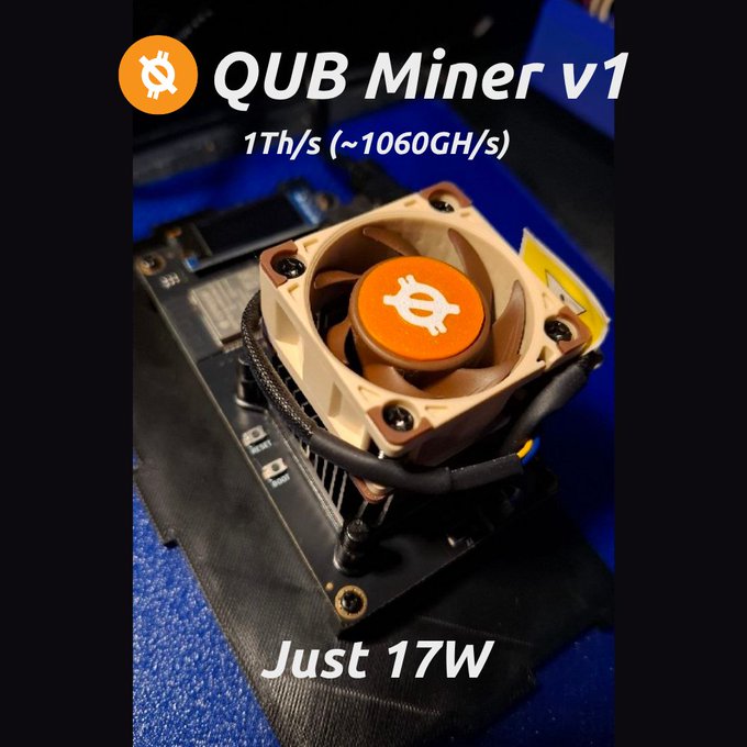 A promotional image for 'QUB Miner v1' showing a cooling fan with the Bitcoin logo, with text indicating '1Th/s (~1060GH/s)' and 'Just 17W' power consumption.