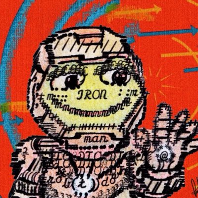 A colorful illustrated character with text 'UNFUN', 'IRON', and 'man' visible, featuring a stylized figure with the word 'UGH' on its raised hand against an orange background with arrows.