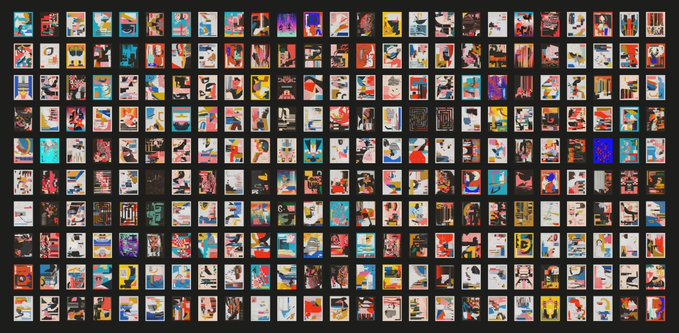 Grid collage displaying hundreds of small colorful images against a black background.