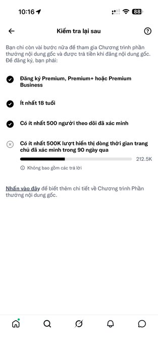 A Vietnamese-language Twitter/X screenshot titled 'Kiểm tra lại sau' displays subscription requirements, including being 18+, having 500 confirmed followers, and needing 500K impressions in 90 days, showing a progress bar at 212.5K.